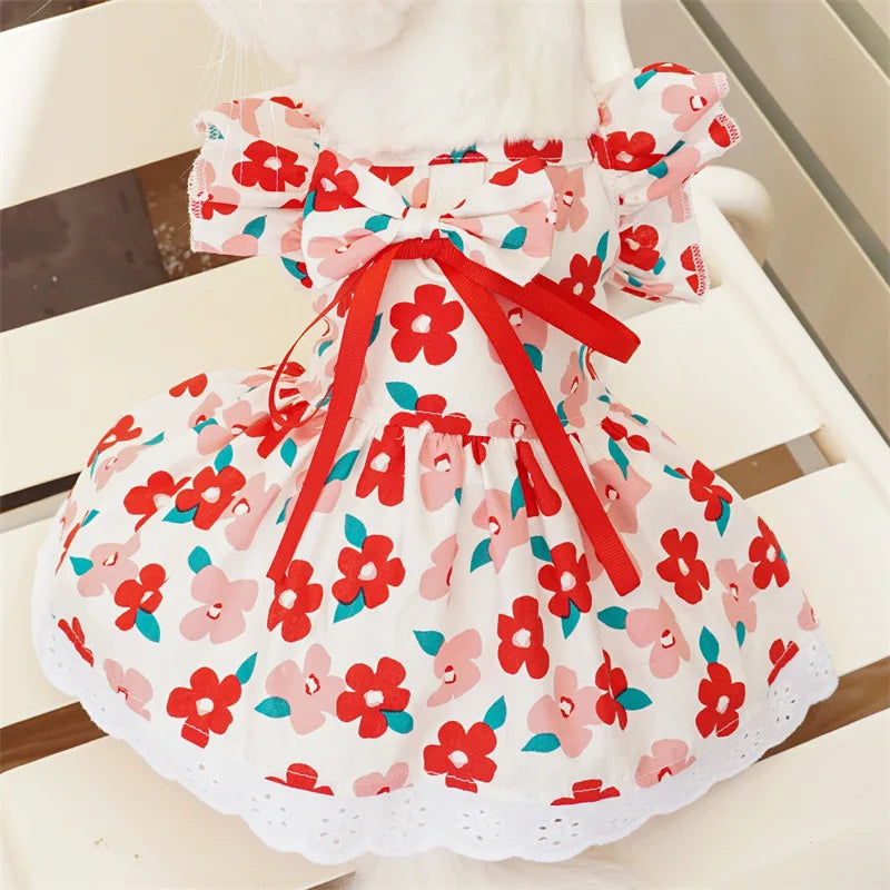Pet Dress Floral Print Plaid Skirt All Seasons For Dogs