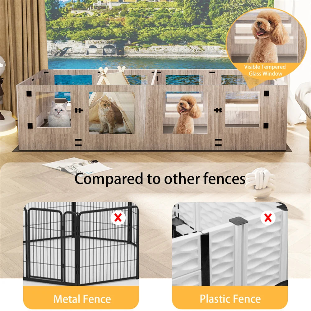 BORWARTH Dog Whelping Box Playpen With Two Rooms Tempered Glass