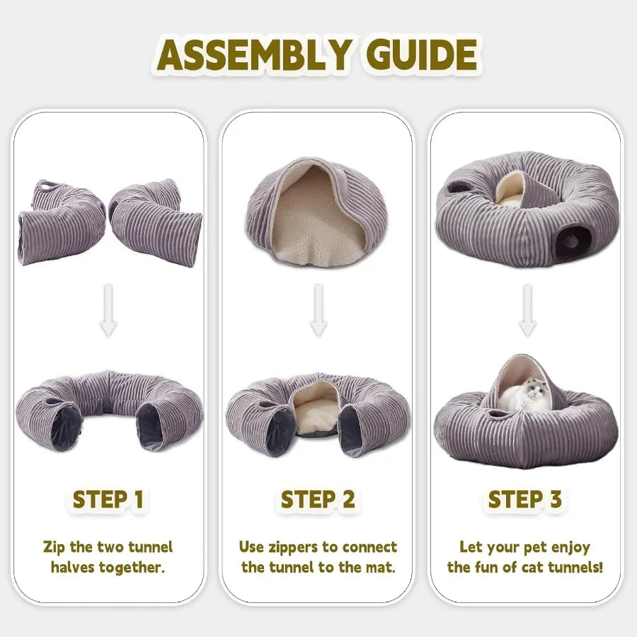 Cat Tunnel Bed With Washable Donut Cushion For Indoor Pets