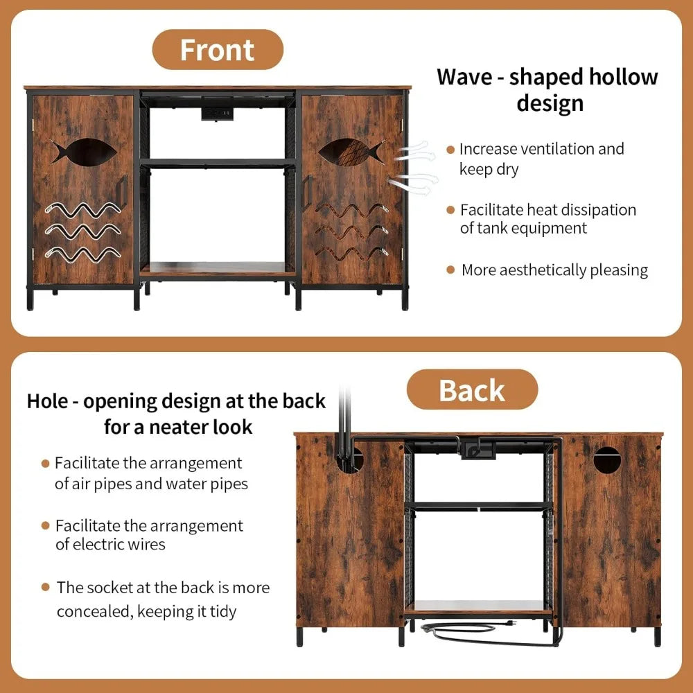 Fish Tank Stand Rustic Iron Wood With Power Outlet