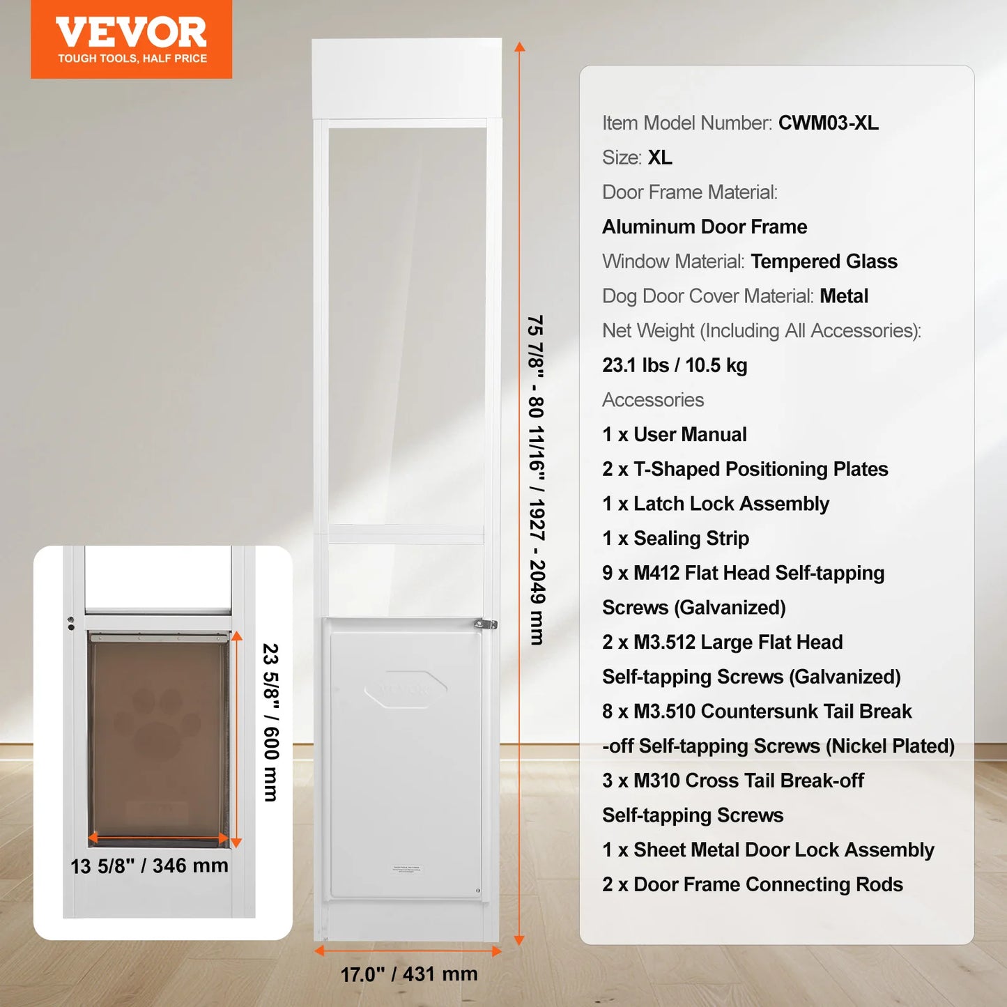 Dog Door Sliding Glass Door Adjustable Height Aluminum Frame