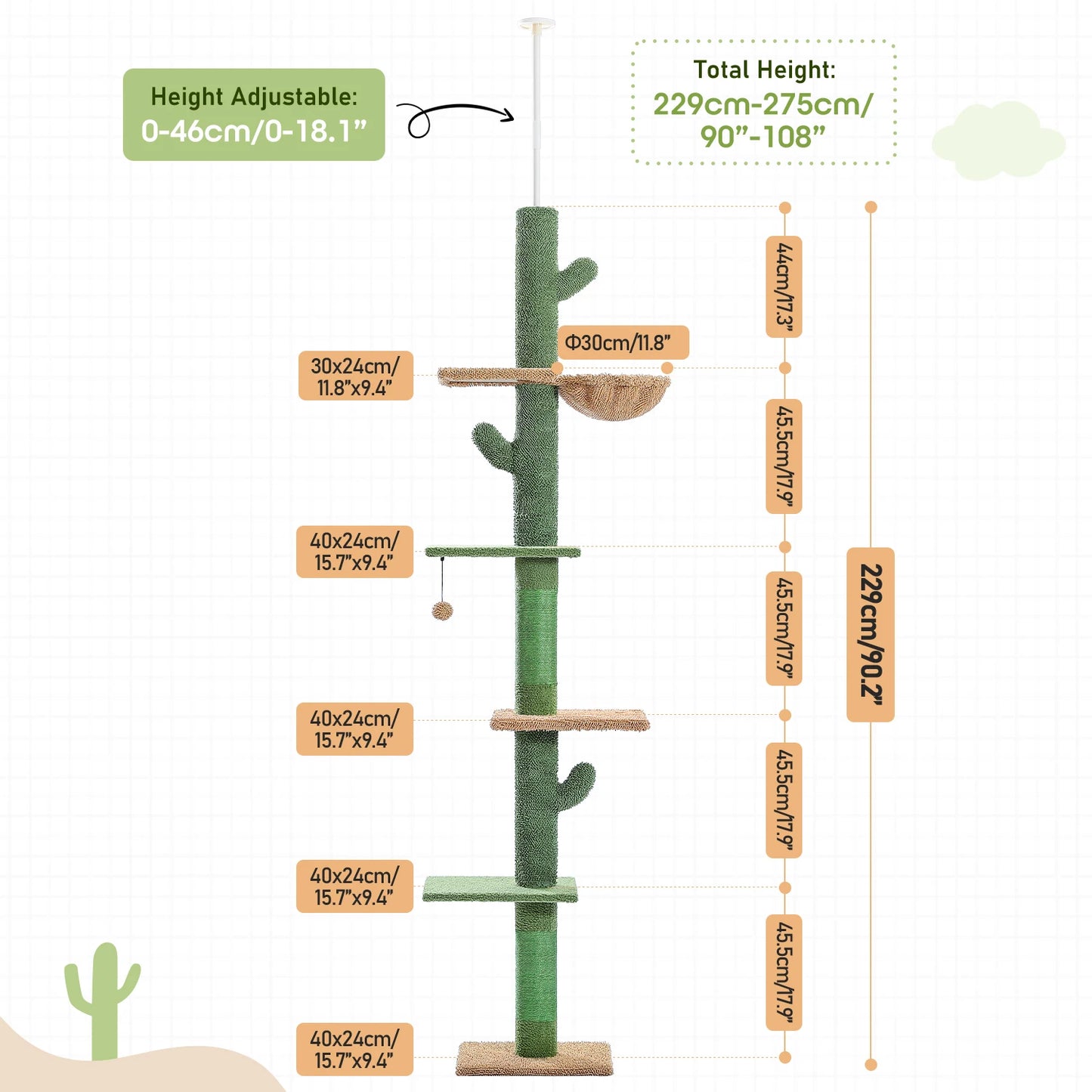 PAWZ Road Cat Tree Cactus-Style 5-Tier Floor-to-Ceiling