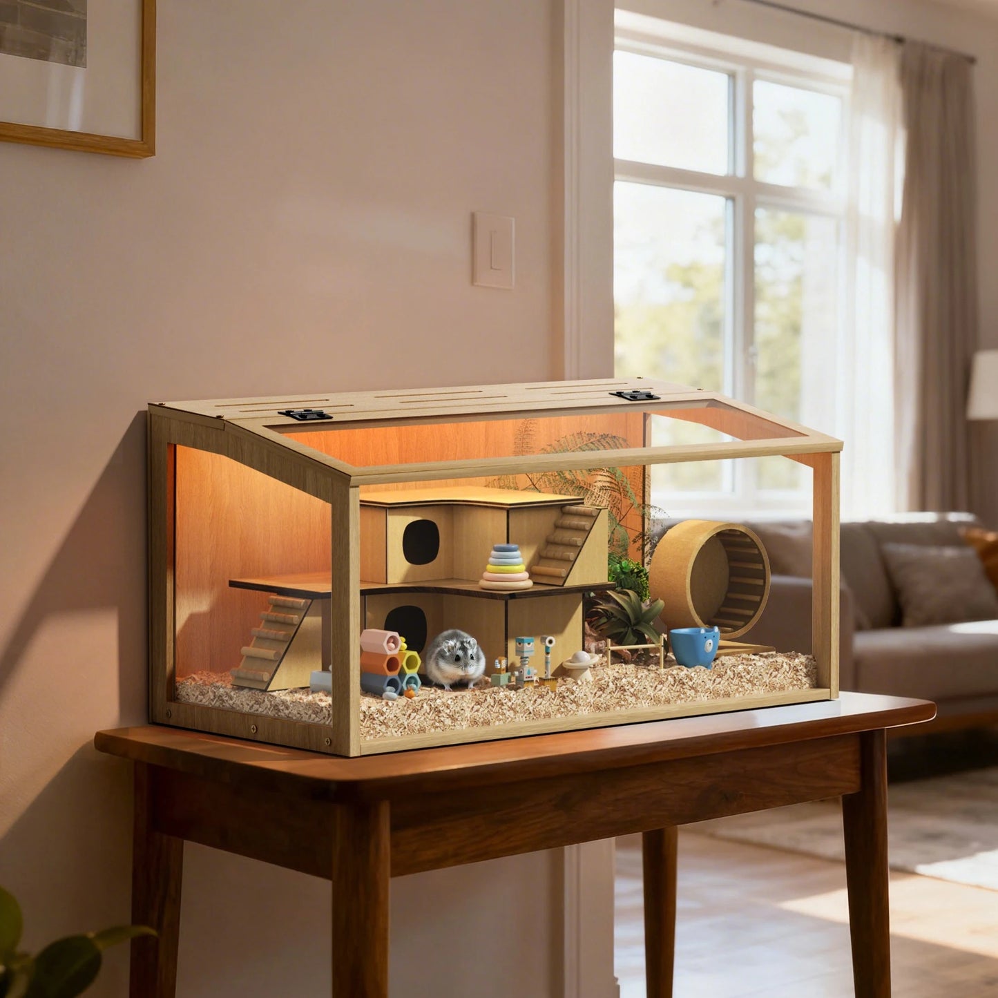 Wooden Hamster Cage Open Top With Tempered Glass Panels