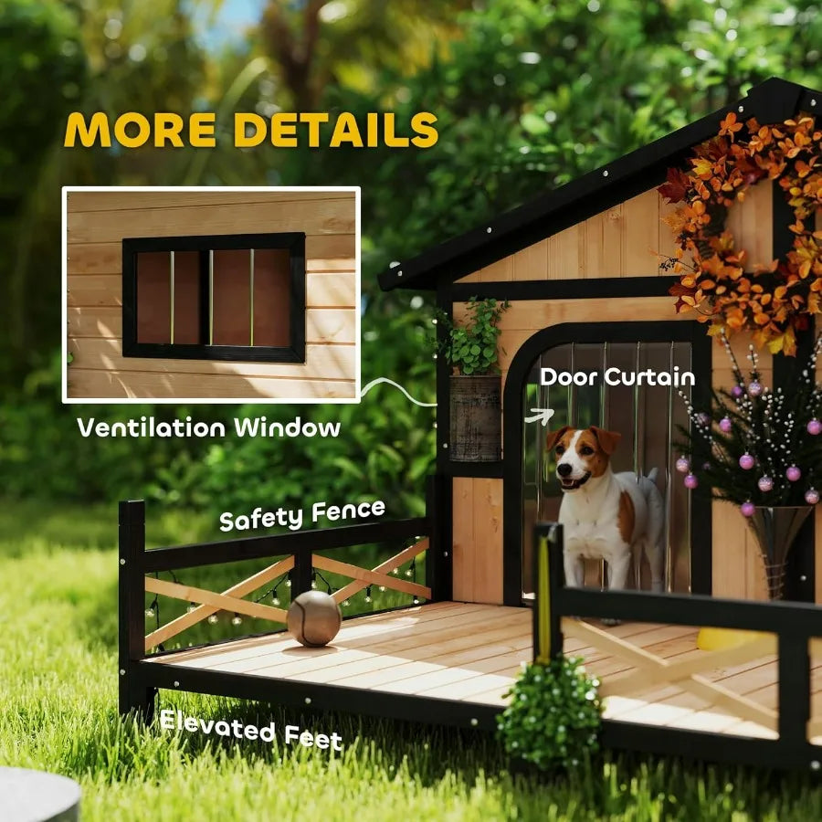 Dog House Wooden Outdoor Shelter With Elevated Floor And Porch