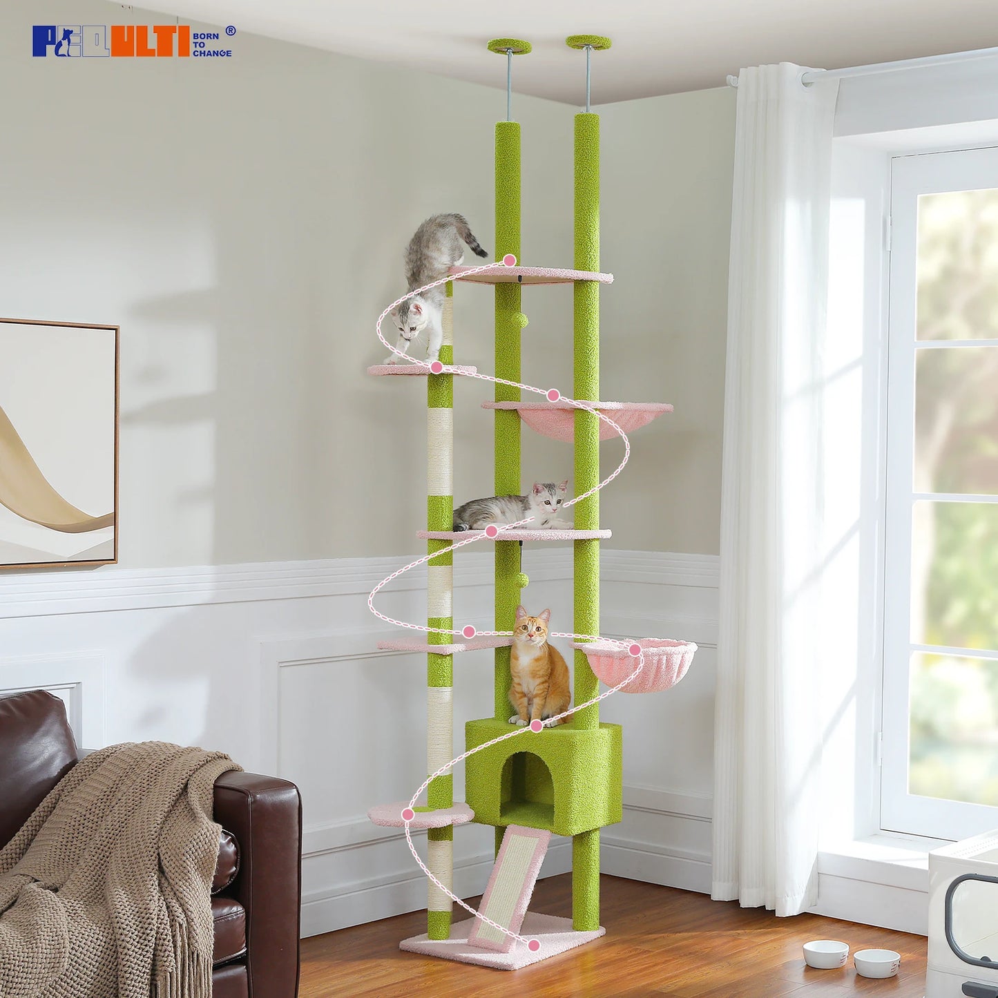 PETEPELACN Cat Tree Floor to Ceiling Adjustable Height with Condo