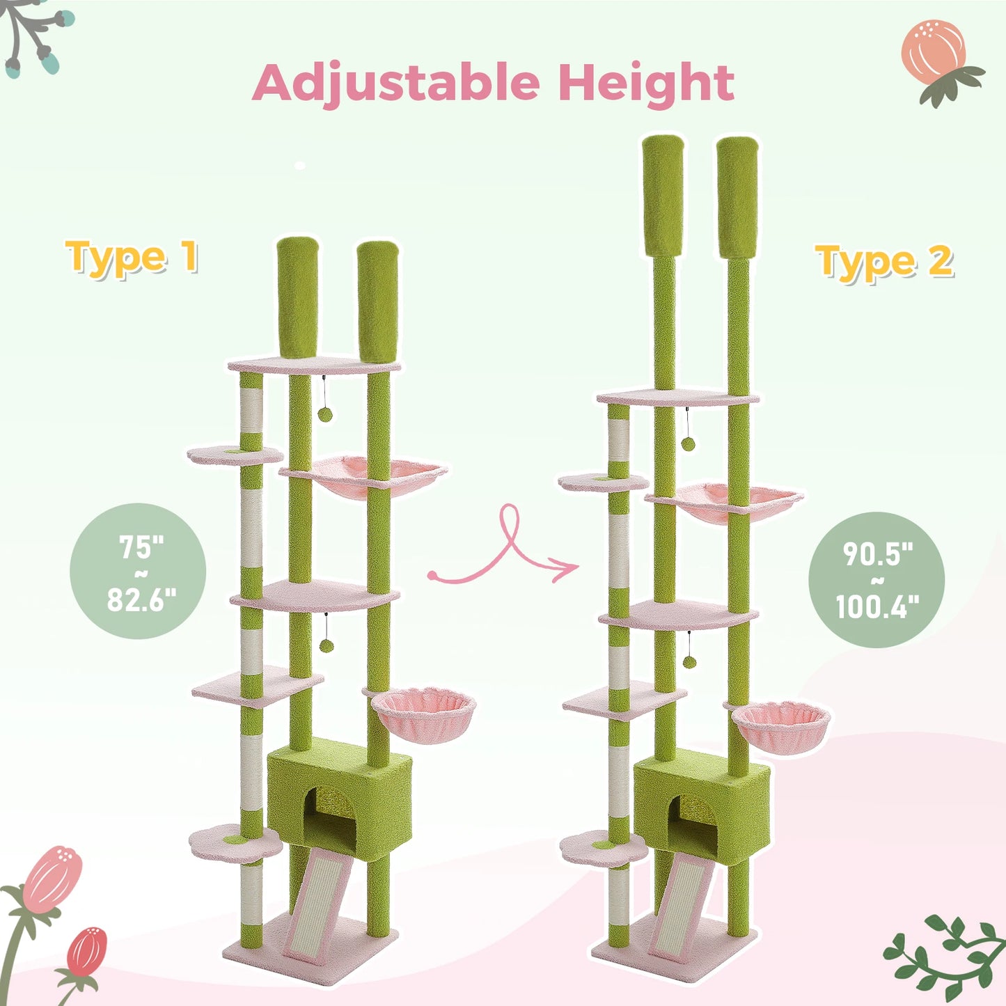 PETEPELACN Cat Tree Floor to Ceiling Adjustable Height with Condo