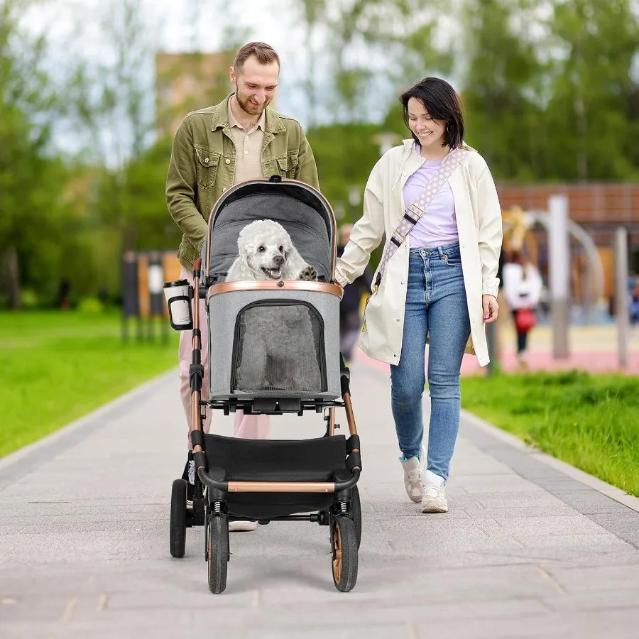 XMSJ Foldable Pet Stroller 4-Wheel, One-Click Folding, Detachable Carrier
