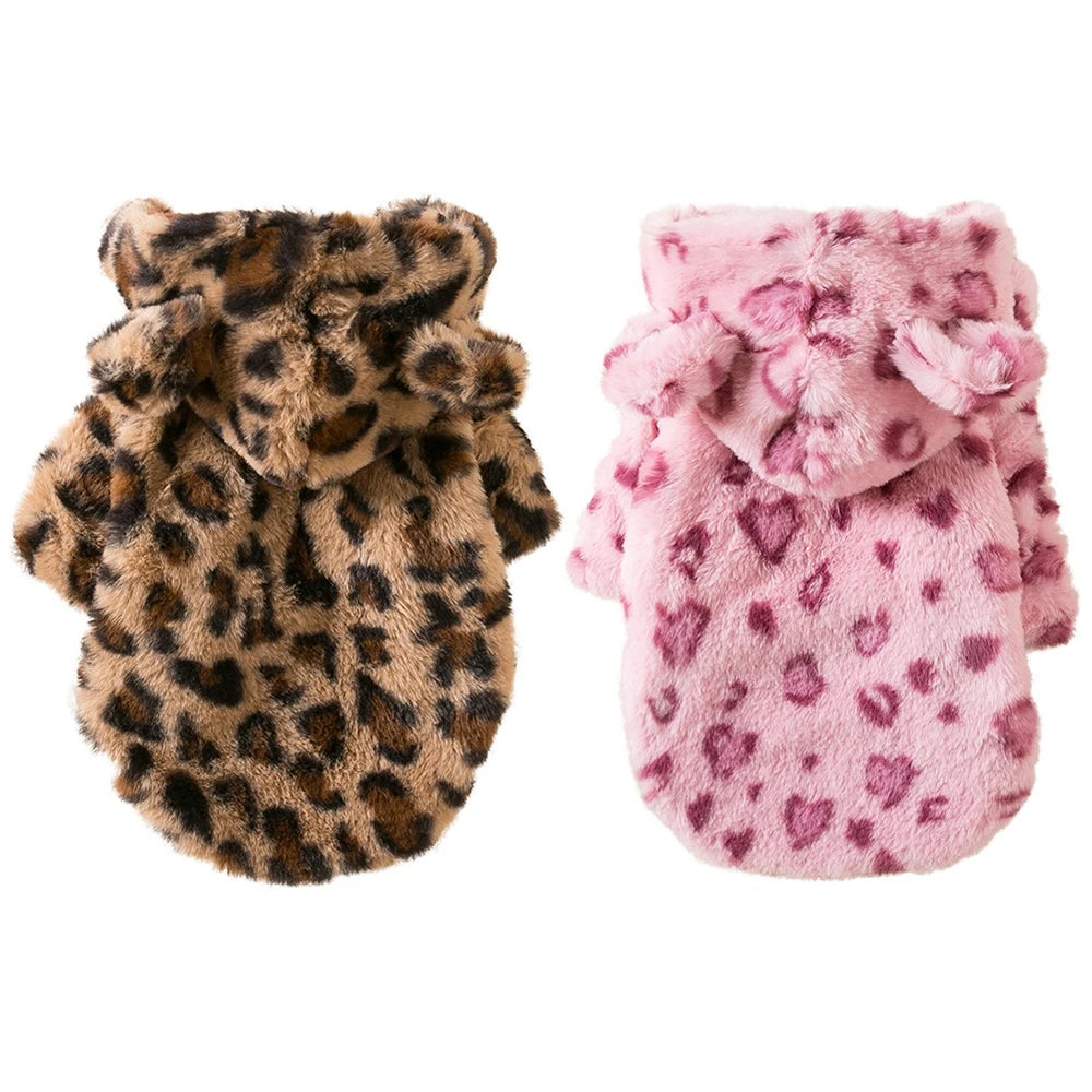 Dog Hoodie Leopard Print Fleece Winter Coat