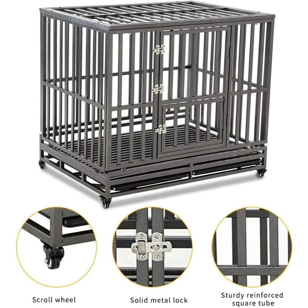 Heavy Duty Dog Cage Metal Kennel With Four Wheeled Mobility