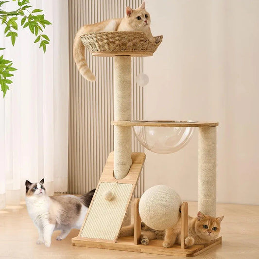 36 Inches Tall Solid Wood Cat Tree Tower with Scratching Post Modern Indoor Cat Tower Featuring Scratching Board Scratcher Ball