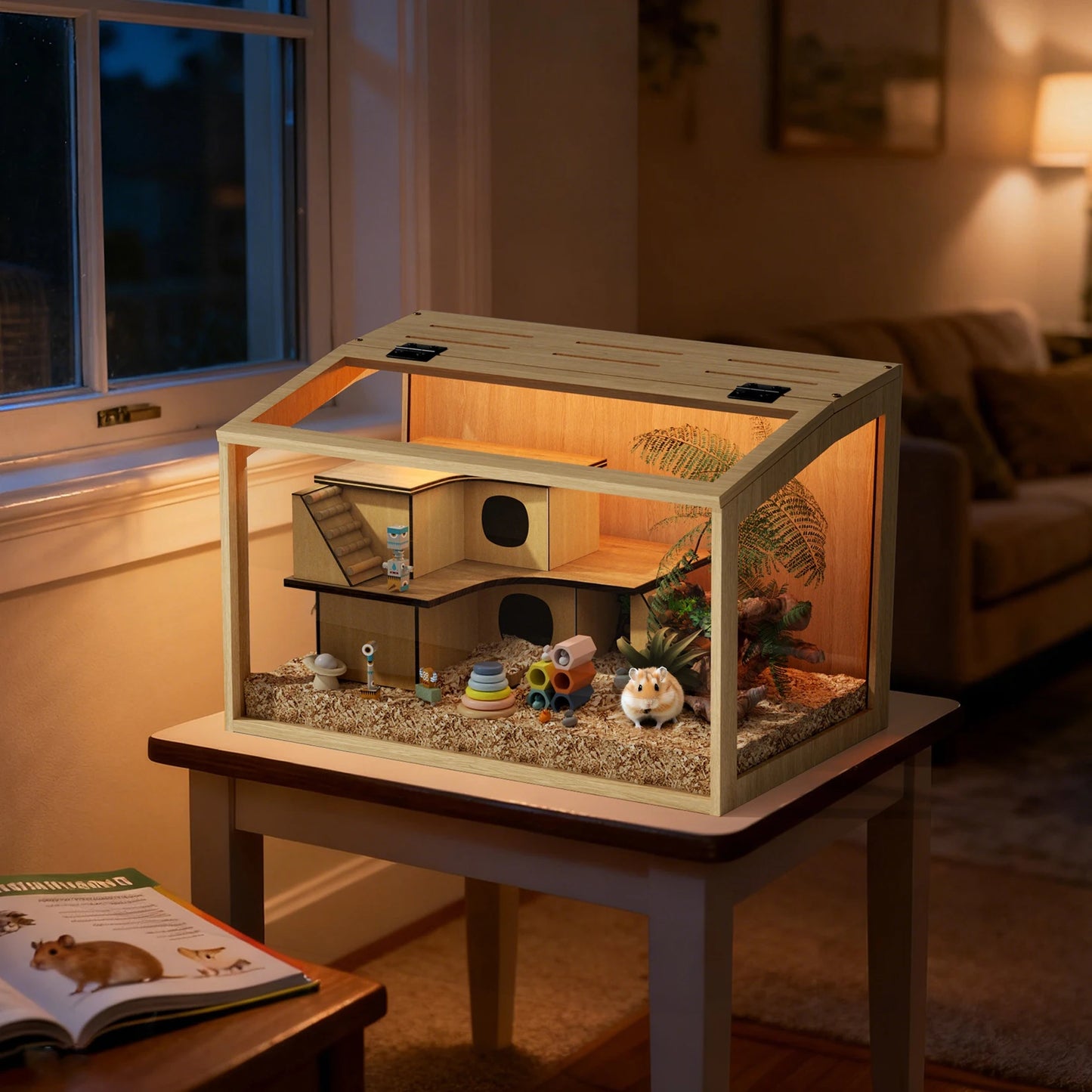 NONECN Wooden Hamster Cage With Tempered Glass Panels