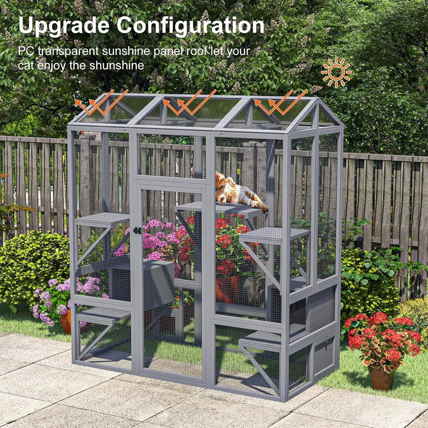Cat Catio Wooden Enclosure With Sun Panel Roof And Platforms