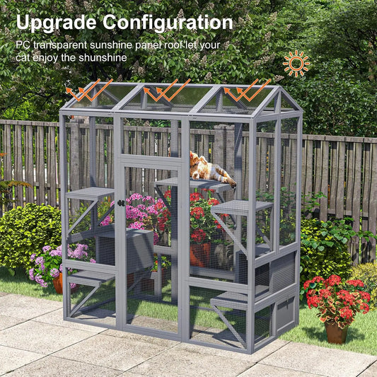 Cat Catio Wooden Enclosure With Sun Panel Roof And Platforms
