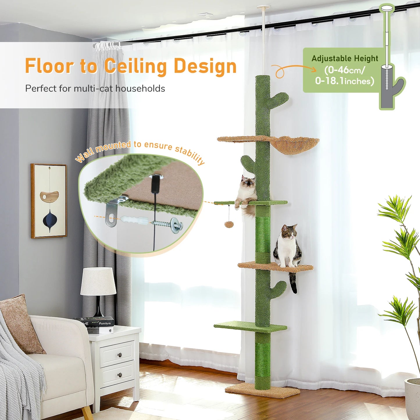 PAWZ Road Cat Tree Cactus-Style 5-Tier Floor-to-Ceiling