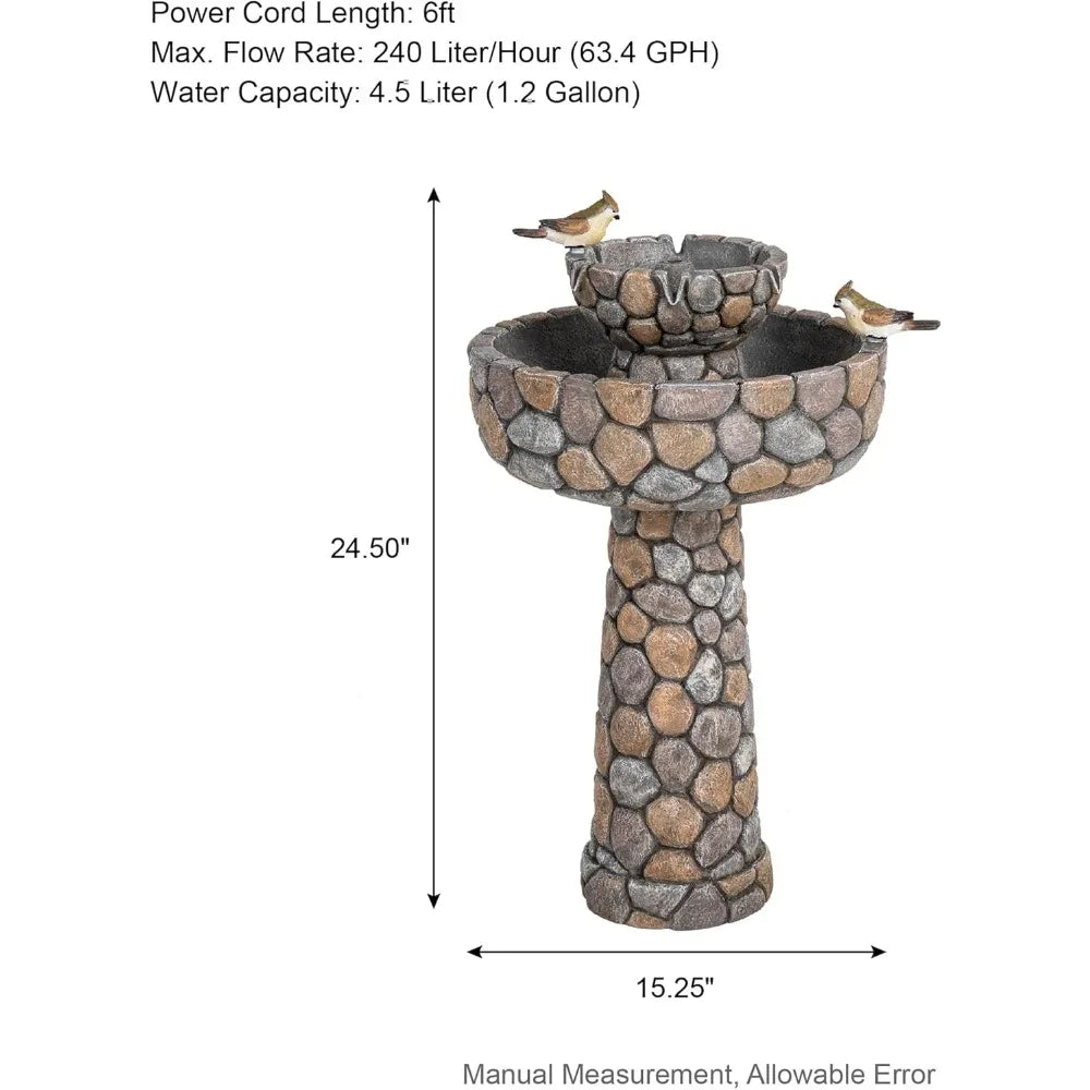 2-Tier Stone Like Outdoor Water Fountain with Birds, Bird Bath Outdoor Waterfall Fountain Decor, Freestanding Water