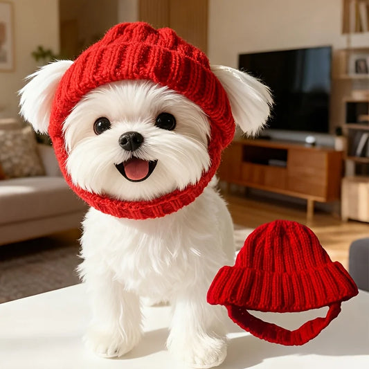 Dog Beanie Festive Knit Hat With Ear Holes For Winter