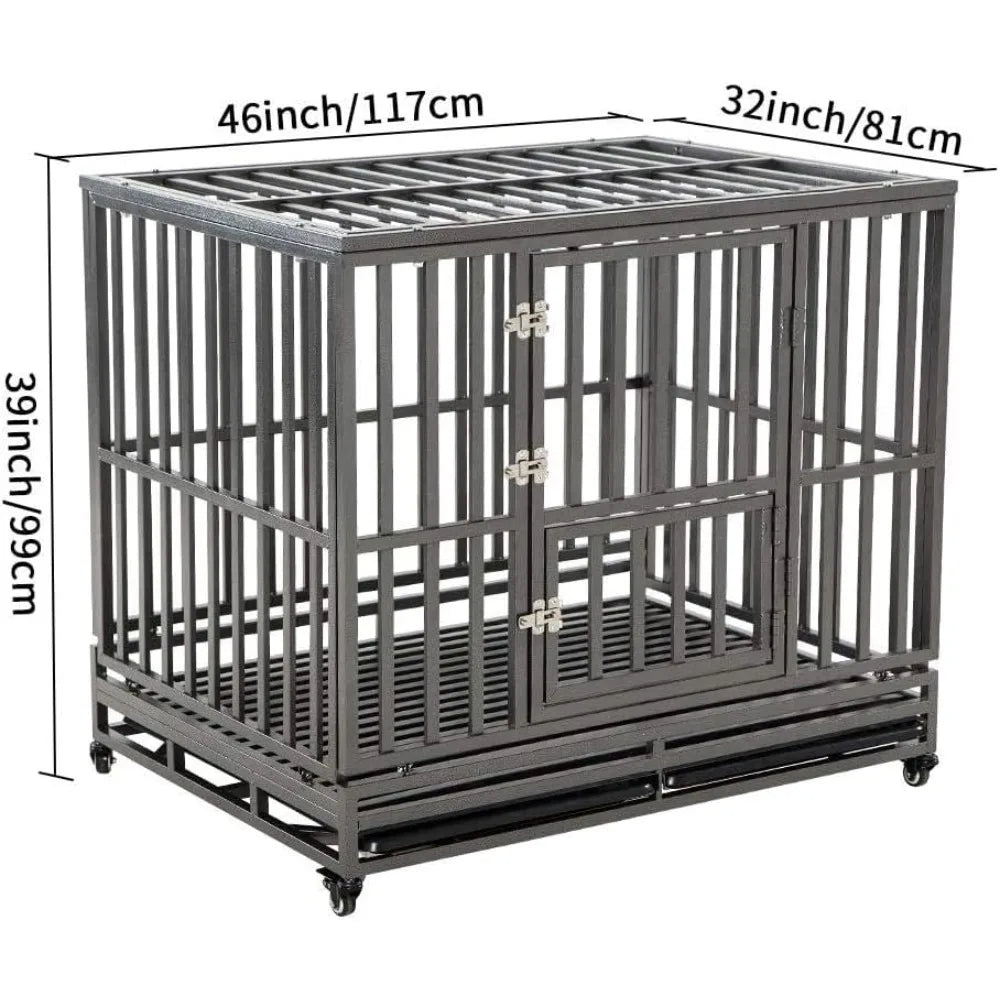 Heavy Duty Dog Cage Metal Kennel With Four Wheeled Mobility