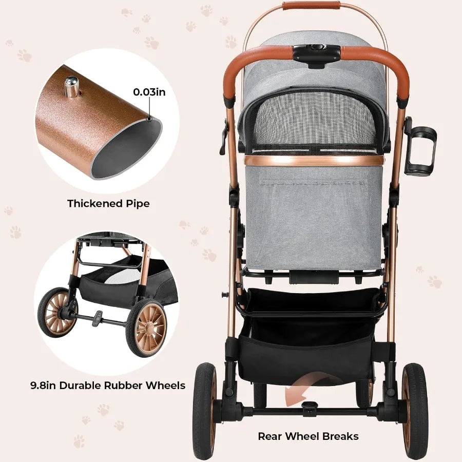 XMSJ Foldable Pet Stroller 4-Wheel, One-Click Folding, Detachable Carrier