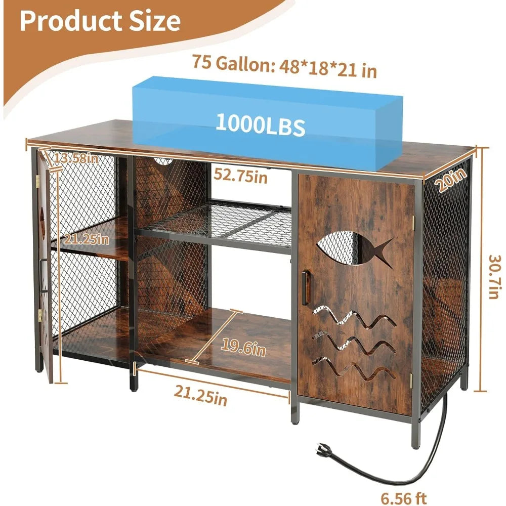 Fish Tank Stand Rustic Iron Wood With Power Outlet