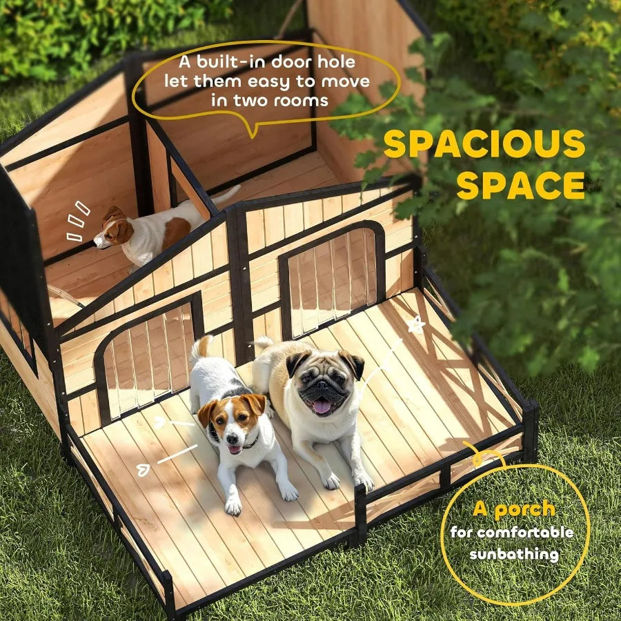 Dog House Wooden Outdoor Shelter With Elevated Floor And Porch