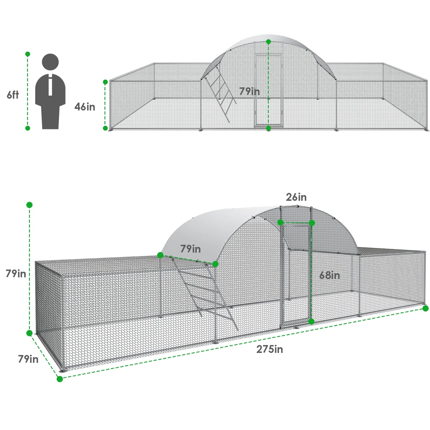 Chicken Coop Walk-In Galvanized Dome-Roof 3-Room Pen