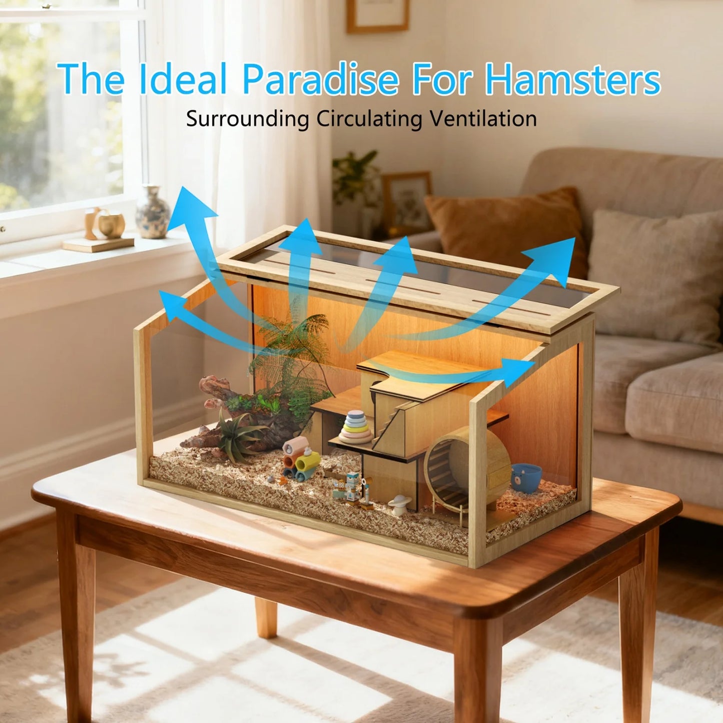 Hamster Cage Chew-Proof Wooden Habitat With Tempered Glass Panels