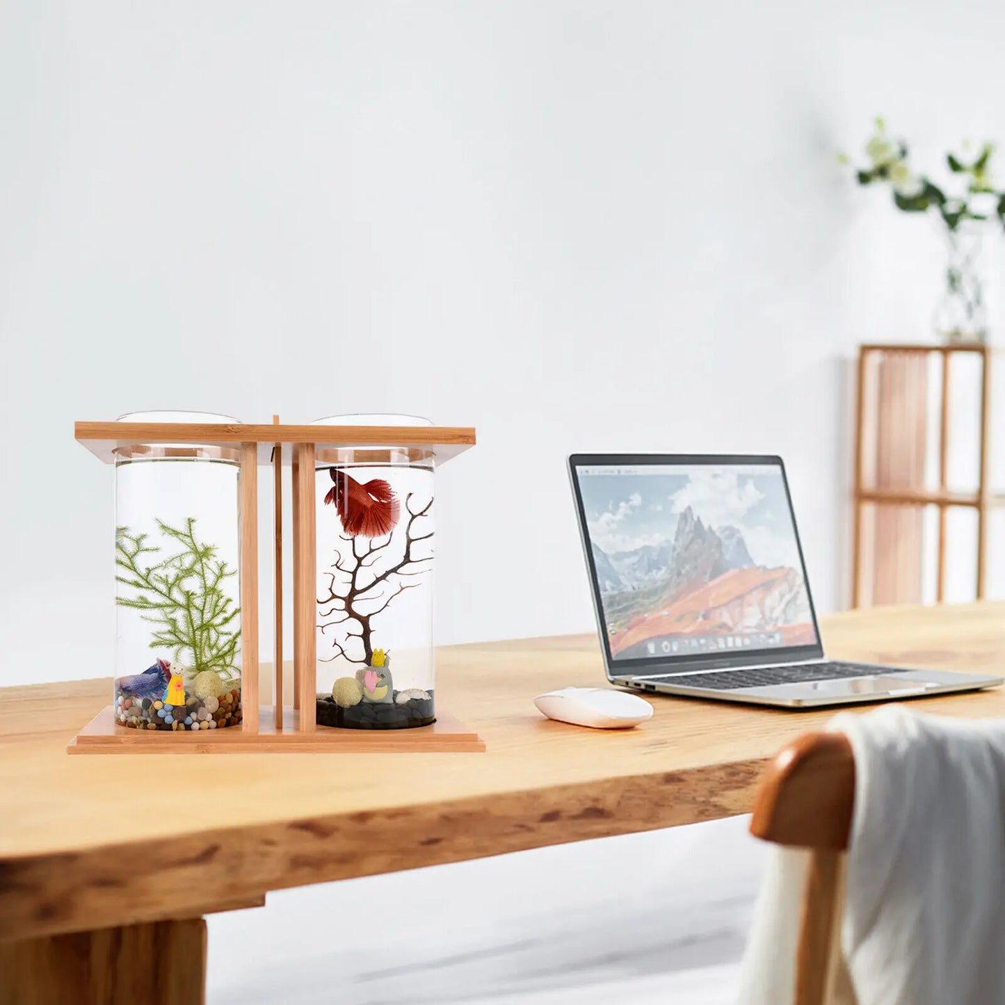 Glass Betta Tank With LED Light For Desktop Office Decoration