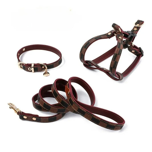 Dog Harness Set Lightweight Plaid Three Piece Leash Collar