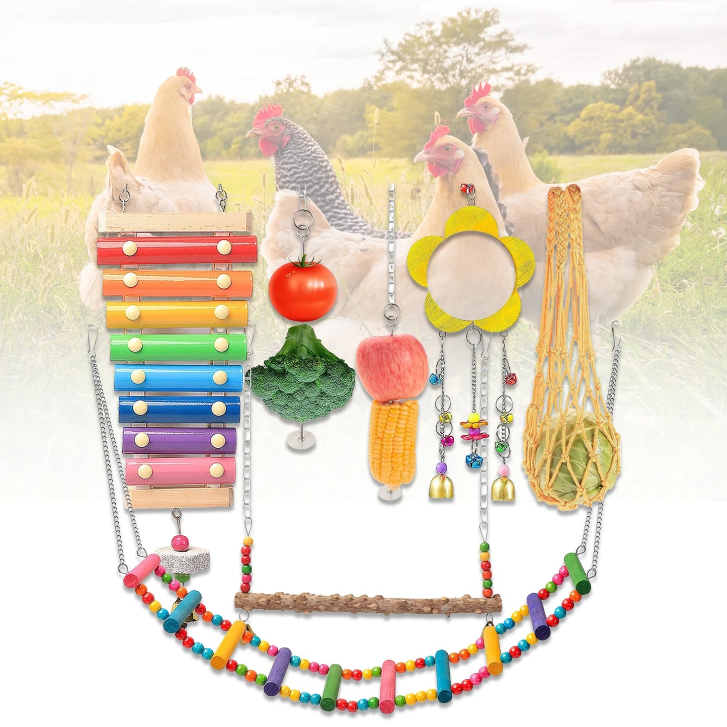 7PCS Chicken Toy Set with Wooden Hanging Feeder Chewing Training Toy Parrot Playing Training Toys Rooster Hen Chick Toys