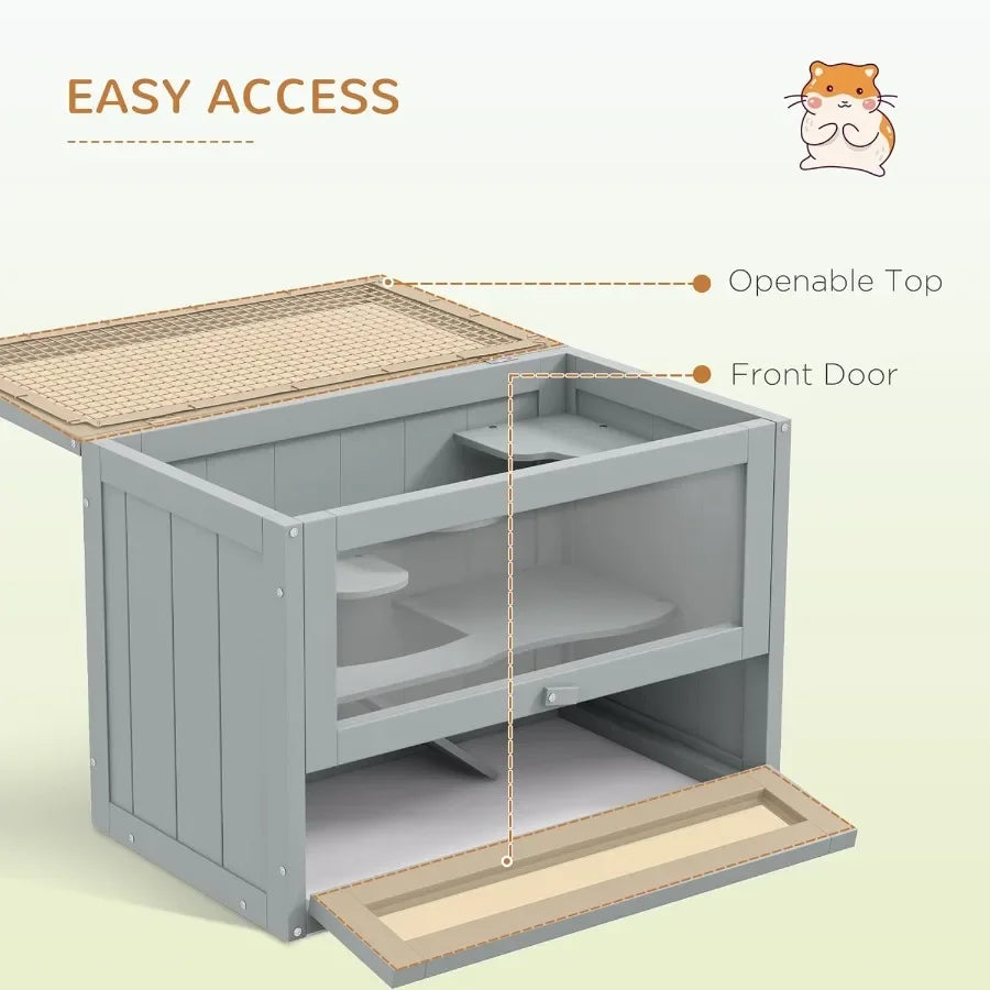Hamster Cage 2-Level Fir Wood Open-Top Front Door Habitat