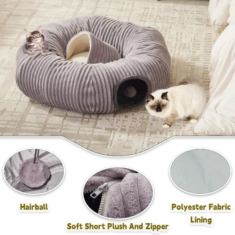 Cat Tunnel Bed With Washable Donut Cushion For Indoor Pets