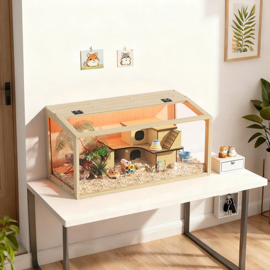 Hamster Cage With Tempered Glass Panels For Pet Habitat