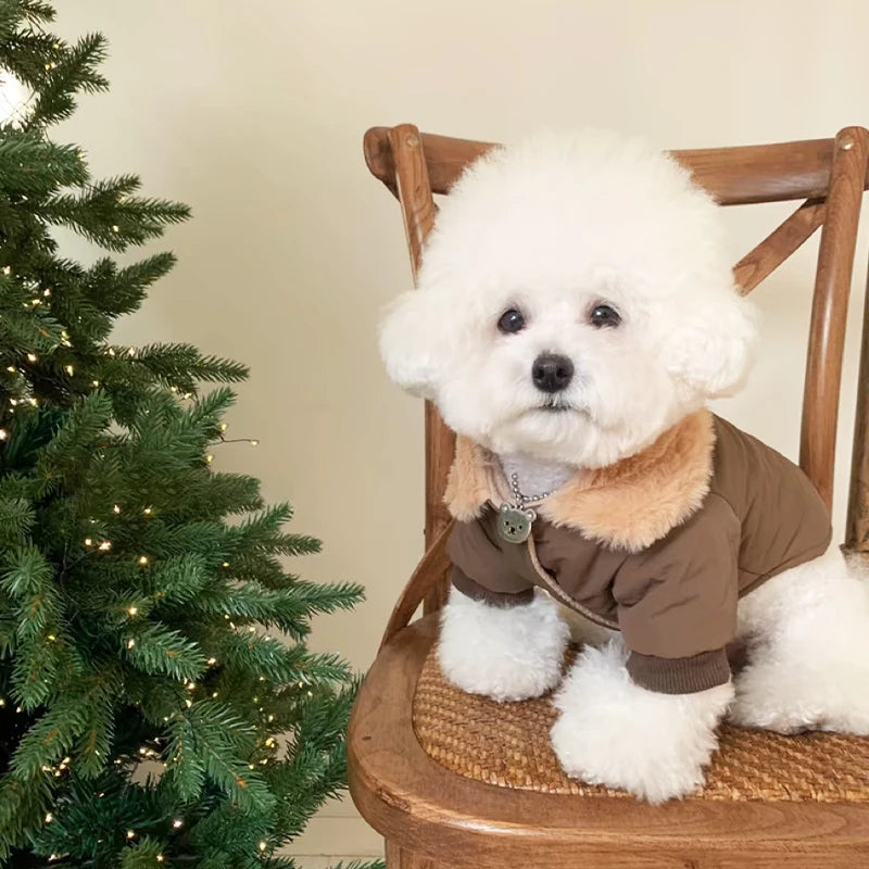 Dog Coat Bear Print Fur Collar Windproof Warm Winter Jacket
