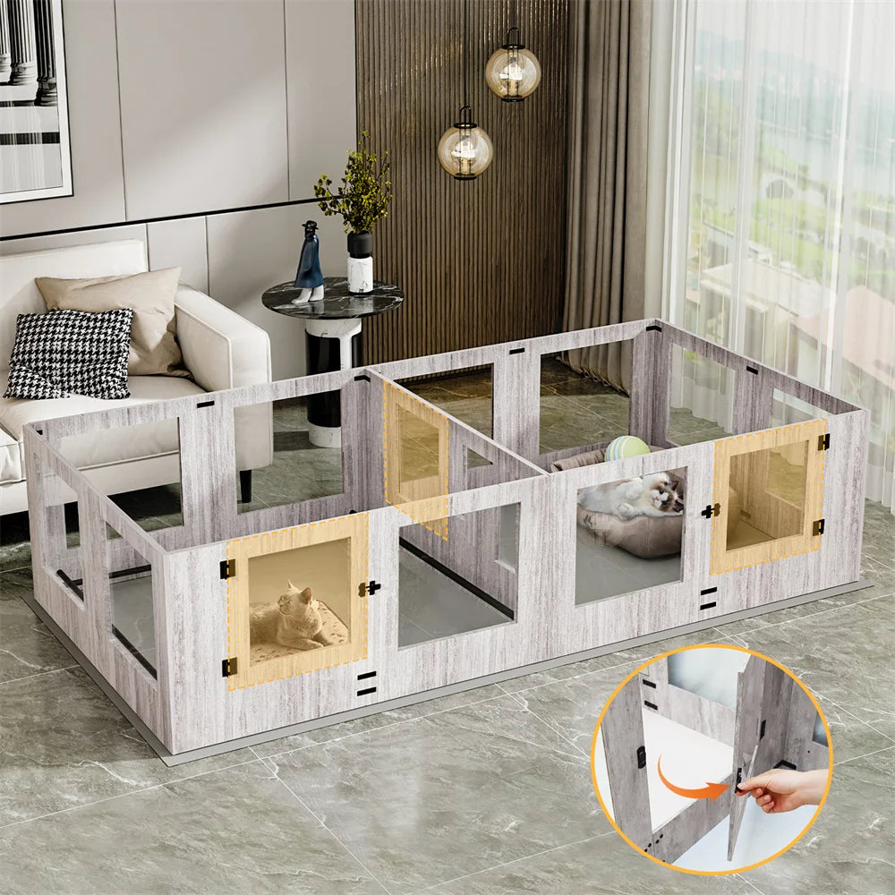 BORWARTH Dog Whelping Box Playpen With Two Rooms Tempered Glass