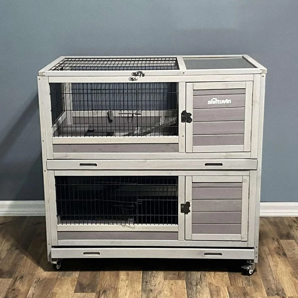 Rabbit Hutch With Pull-Out Tray And Wire-Netting On Wheels