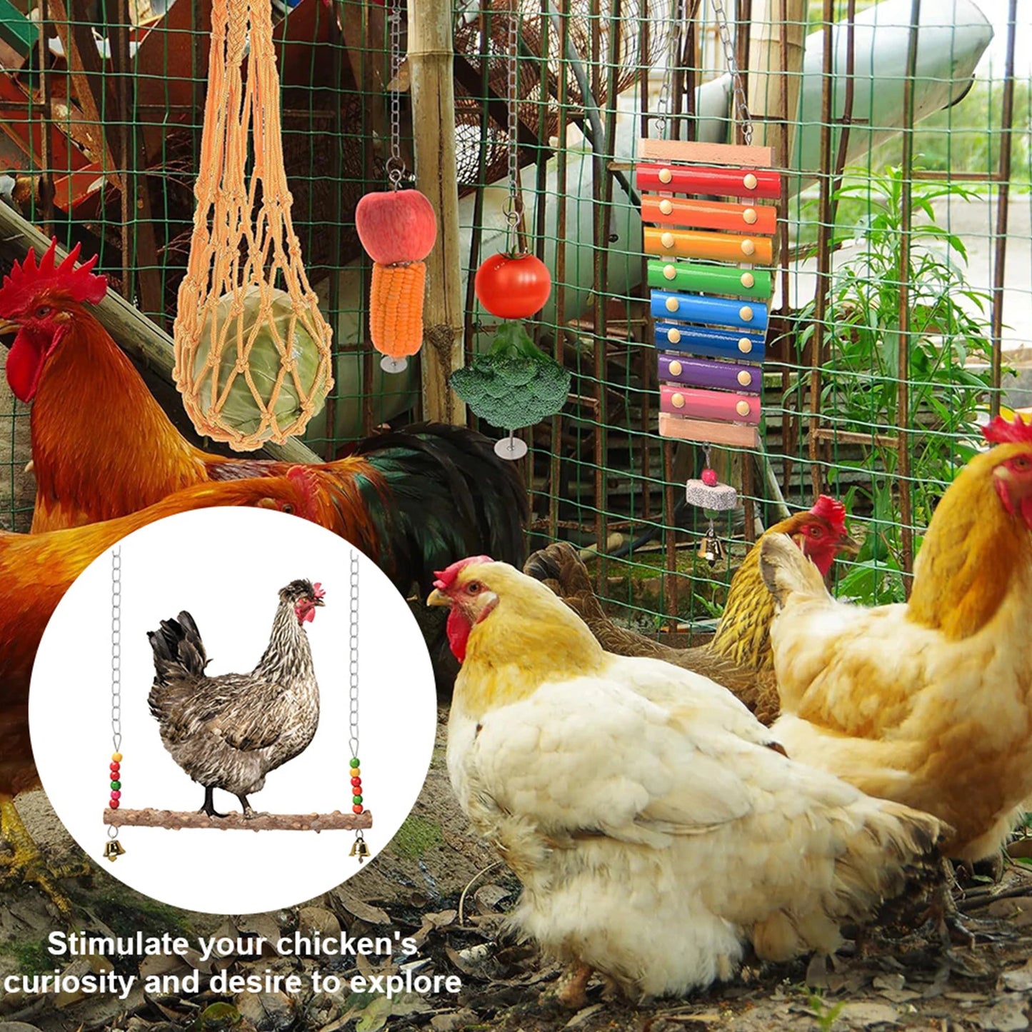 7PCS Chicken Toy Set with Wooden Hanging Feeder Chewing Training Toy Parrot Playing Training Toys Rooster Hen Chick Toys