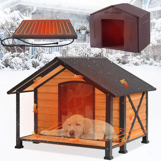 Dog House Heated Outdoor Insulated Fir Wood Kennel