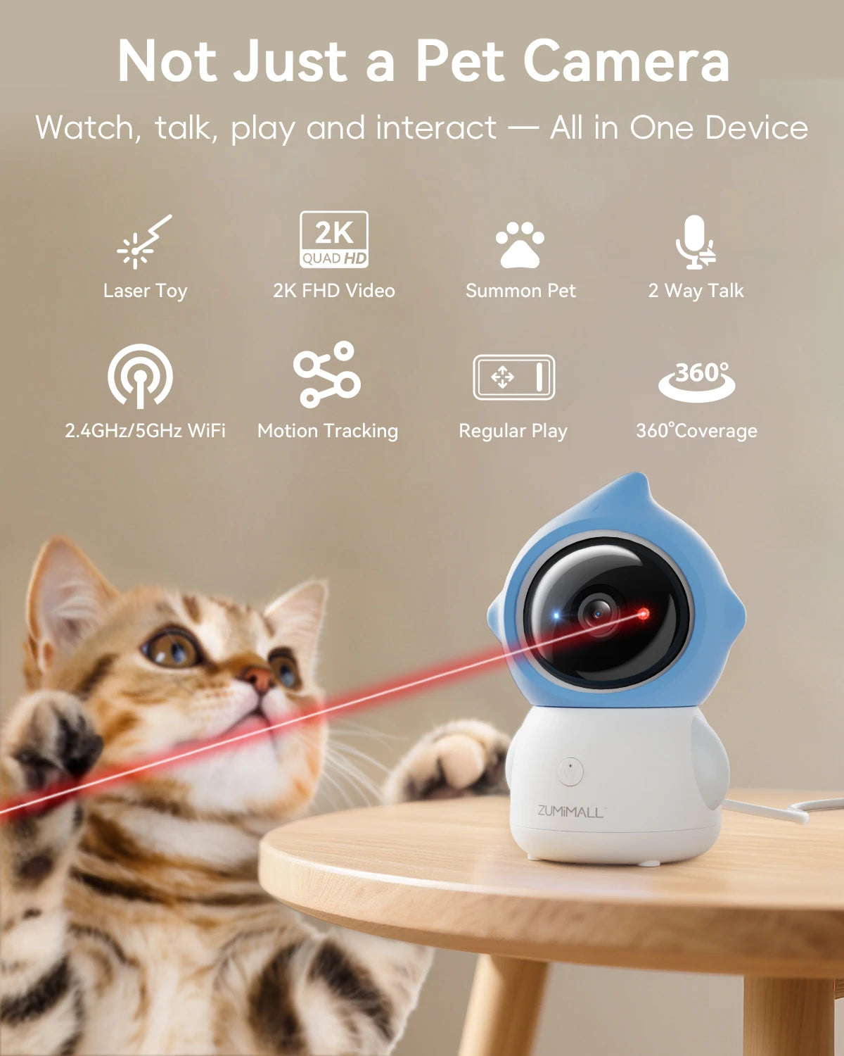 ZUMIMALL  5G/2.4G WiFi  Pet Camera with Laser light for Baby/Cats / Dogs (Plug in)360° Full-Room View, 2-Way Audio