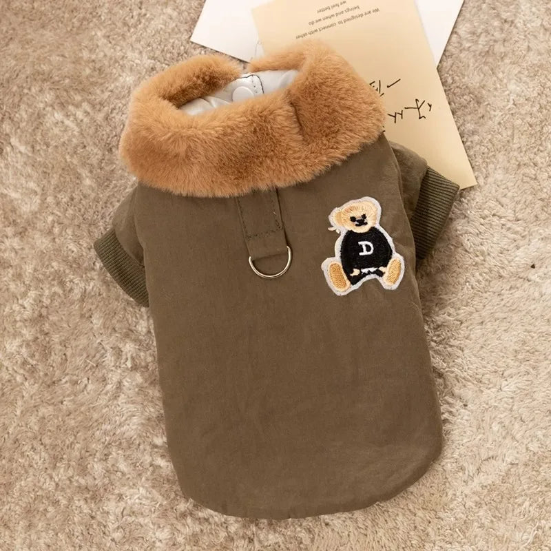Dog Coat Bear Print Fur Collar Windproof Warm Winter Jacket