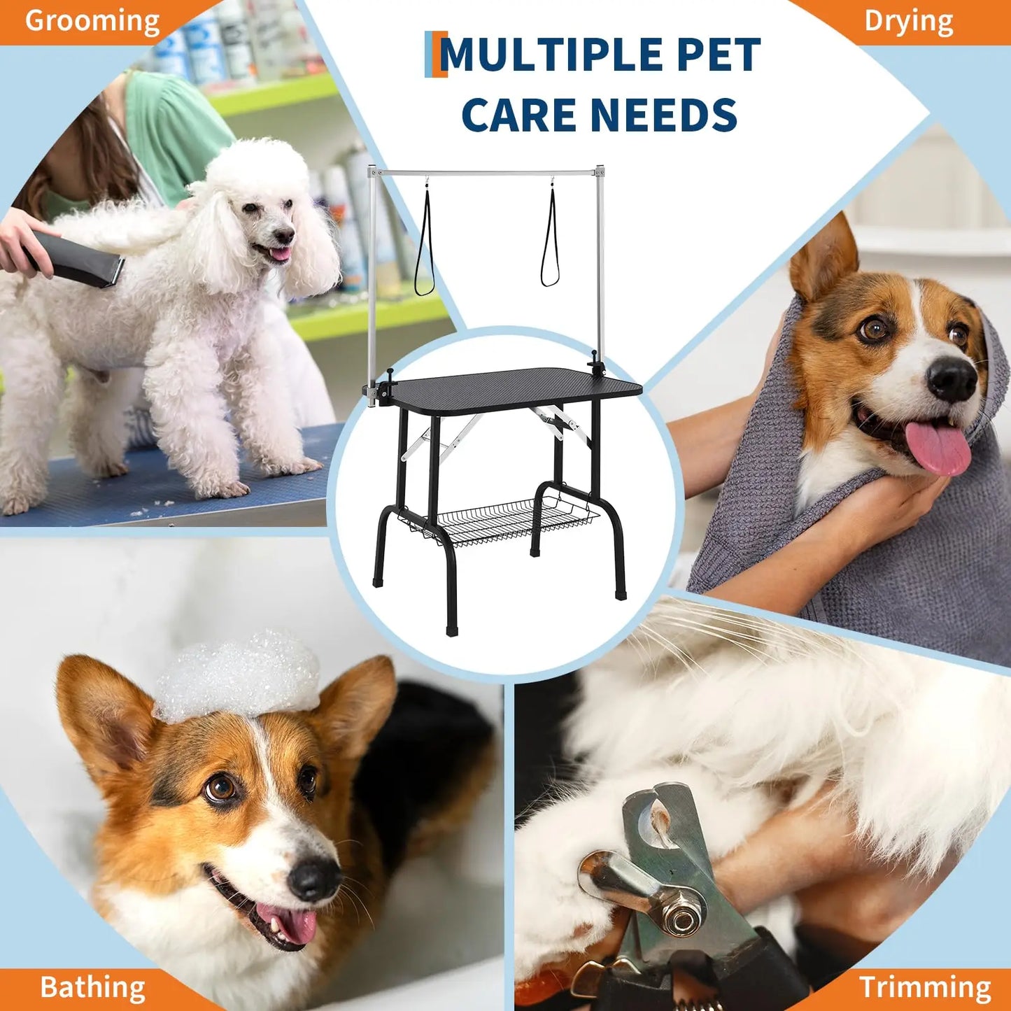 Dog Grooming Table, Foldable Pet Grooming Table for Dogs at Home with Height Adjustable Arms, Noose, Mesh Tray, 330LBS Static We