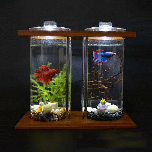 Glass Betta Tank With LED Light For Desktop Office Decoration