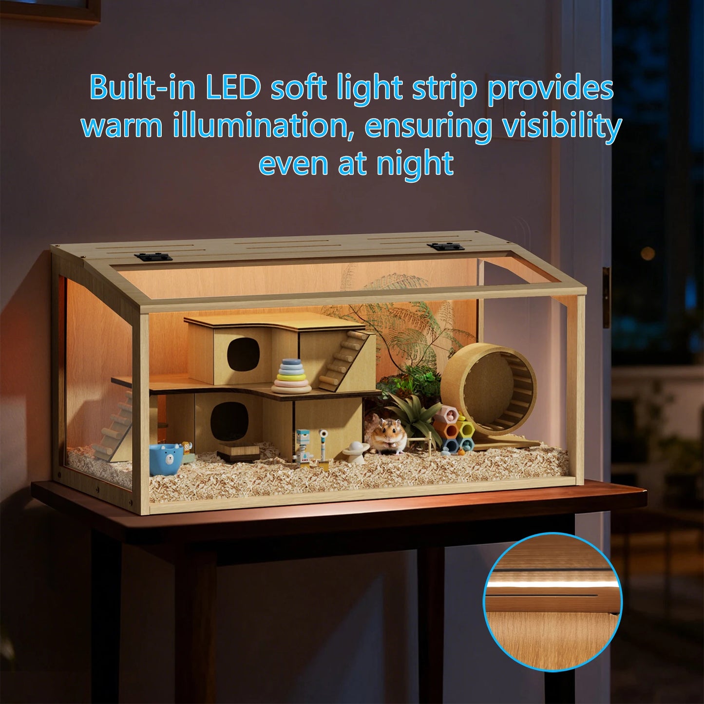 NONECN Wooden Hamster Cage With Tempered Glass Panels