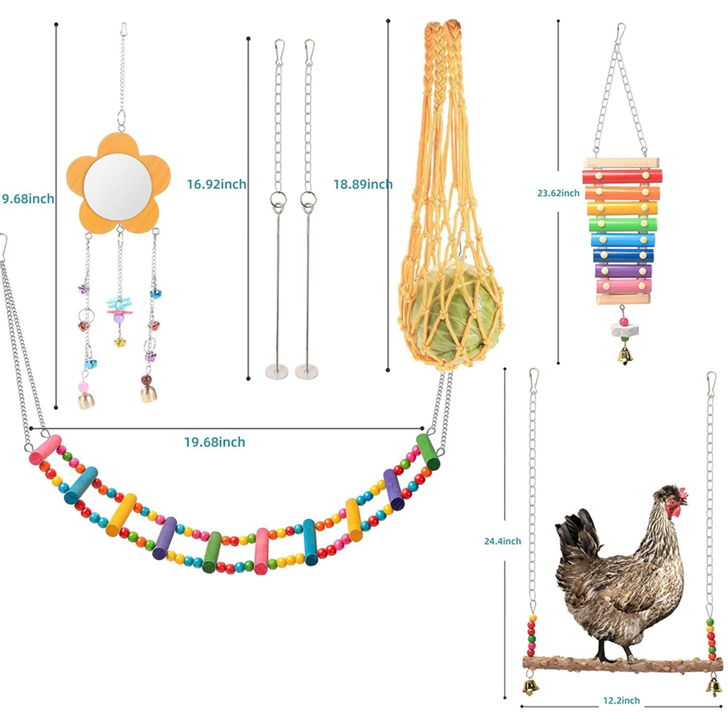 7PCS Chicken Toy Set with Wooden Hanging Feeder Chewing Training Toy Parrot Playing Training Toys Rooster Hen Chick Toys