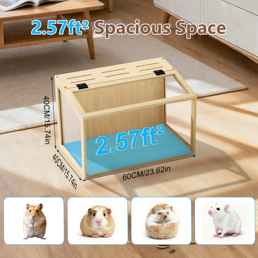 Hamster Cage Chew-Proof Wooden Habitat With Tempered Glass Panels