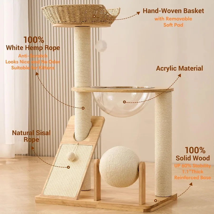 36 Inches Tall Solid Wood Cat Tree Tower with Scratching Post Modern Indoor Cat Tower Featuring Scratching Board Scratcher Ball
