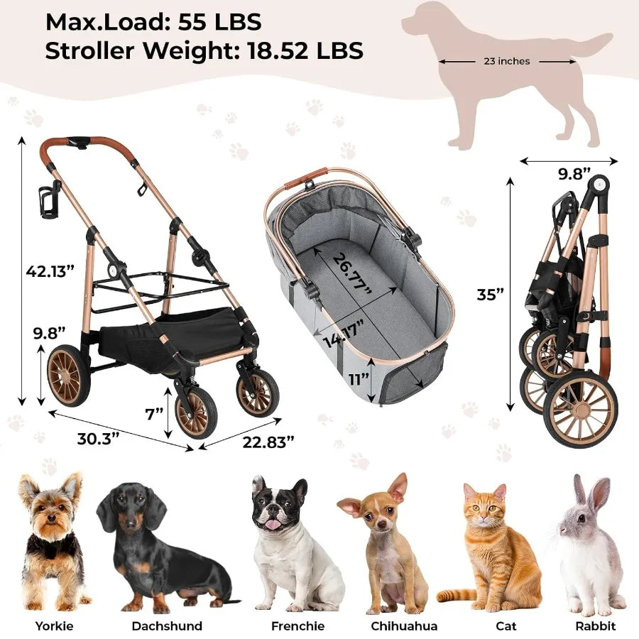 XMSJ Foldable Pet Stroller 4-Wheel, One-Click Folding, Detachable Carrier