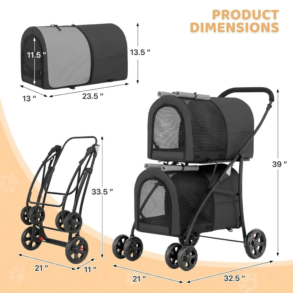 Double Dog Stroller with 2 Detachable Carrier Bags, 4-Wheel Folding Pet Travel Strolling Cart with Storage Pocket for S