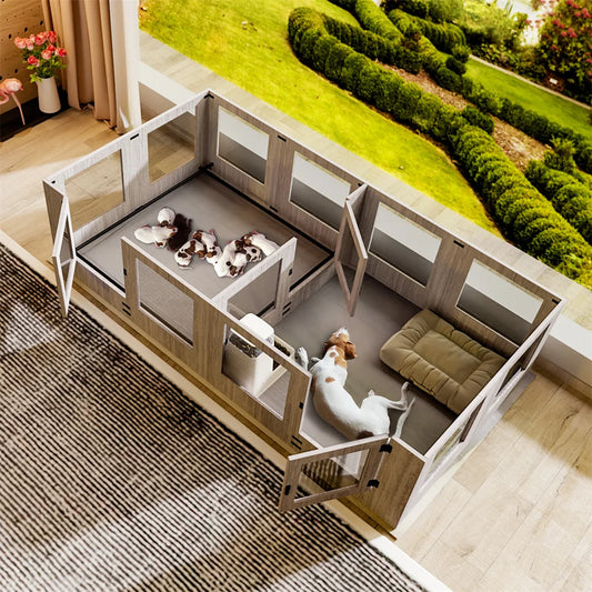 BORWARTH Dog Whelping Box Playpen With Two Rooms Tempered Glass