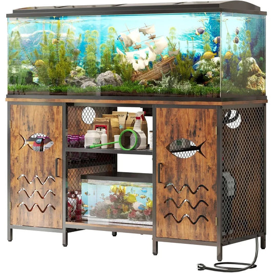 Fish Tank Stand Rustic Iron Wood With Power Outlet