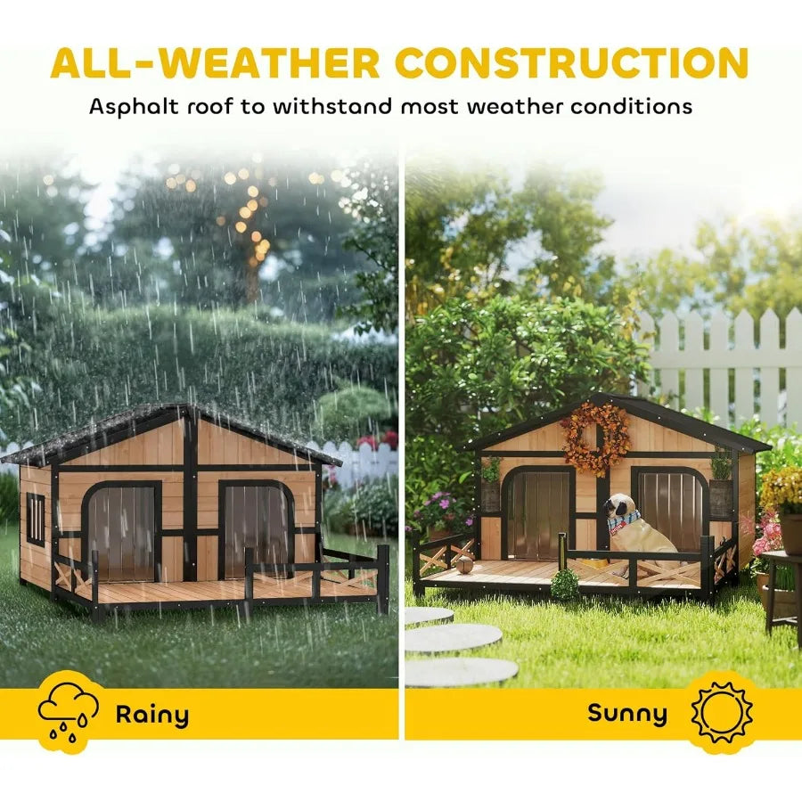 Dog House Wooden Outdoor Shelter With Elevated Floor And Porch